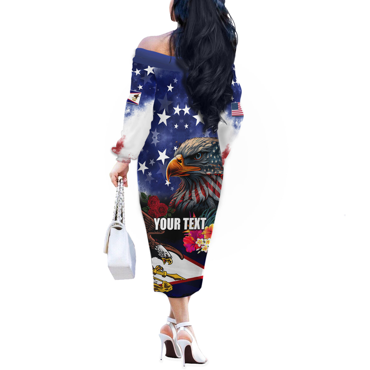 United States and American Samoa Off The Shoulder Long Sleeve Dress Bald Eagle Rose and Hibiscus Flower