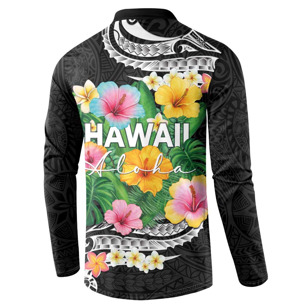 Hawaii Aloha Tropical Leaves and Flower Button Sweatshirt with Polynesian Art Tattoo Black Color - Polynesian Pride