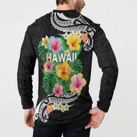 Hawaii Aloha Tropical Leaves and Flower Button Sweatshirt with Polynesian Art Tattoo Black Color - Polynesian Pride