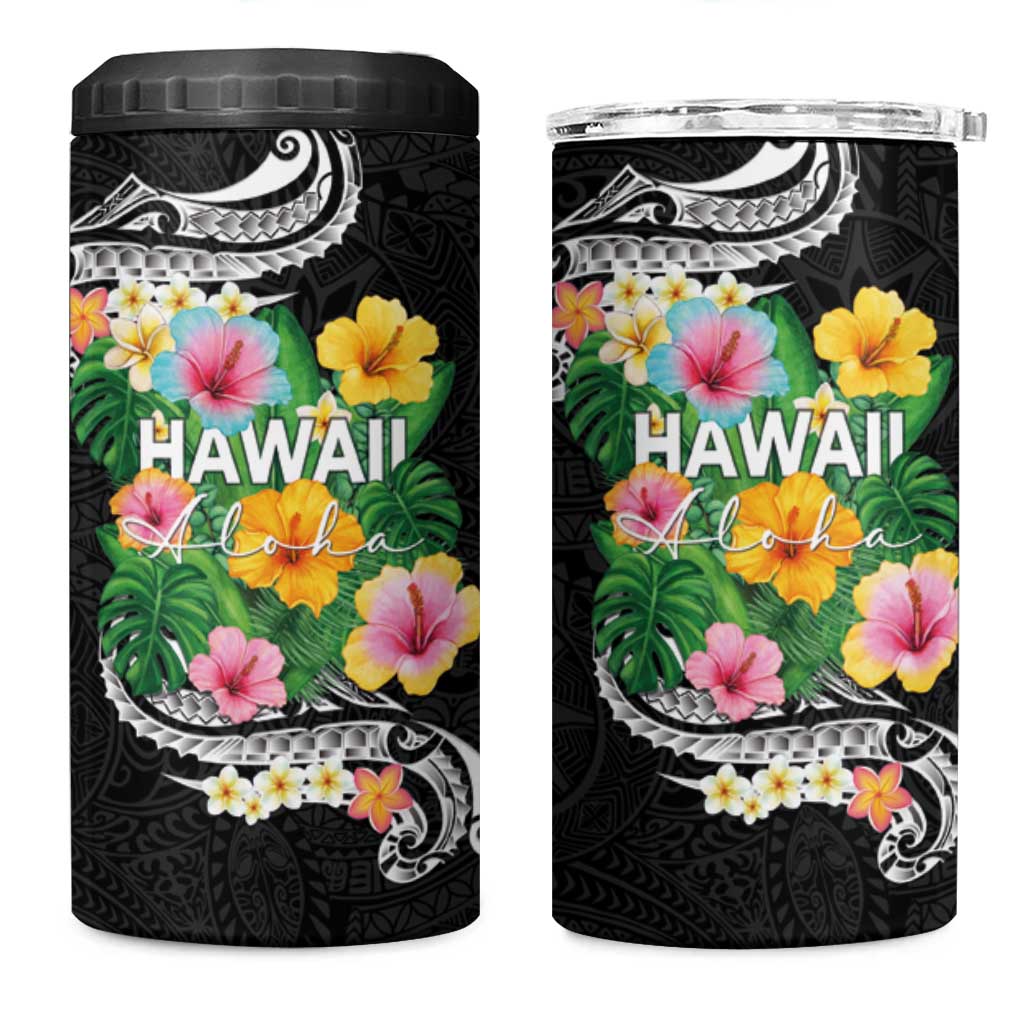 Hawaii Aloha Tropical Leaves and Flower 4 in 1 Can Cooler Tumbler with Polynesian Art Tattoo Black Color LT03 One Size: 16 oz Black - Polynesian Pride