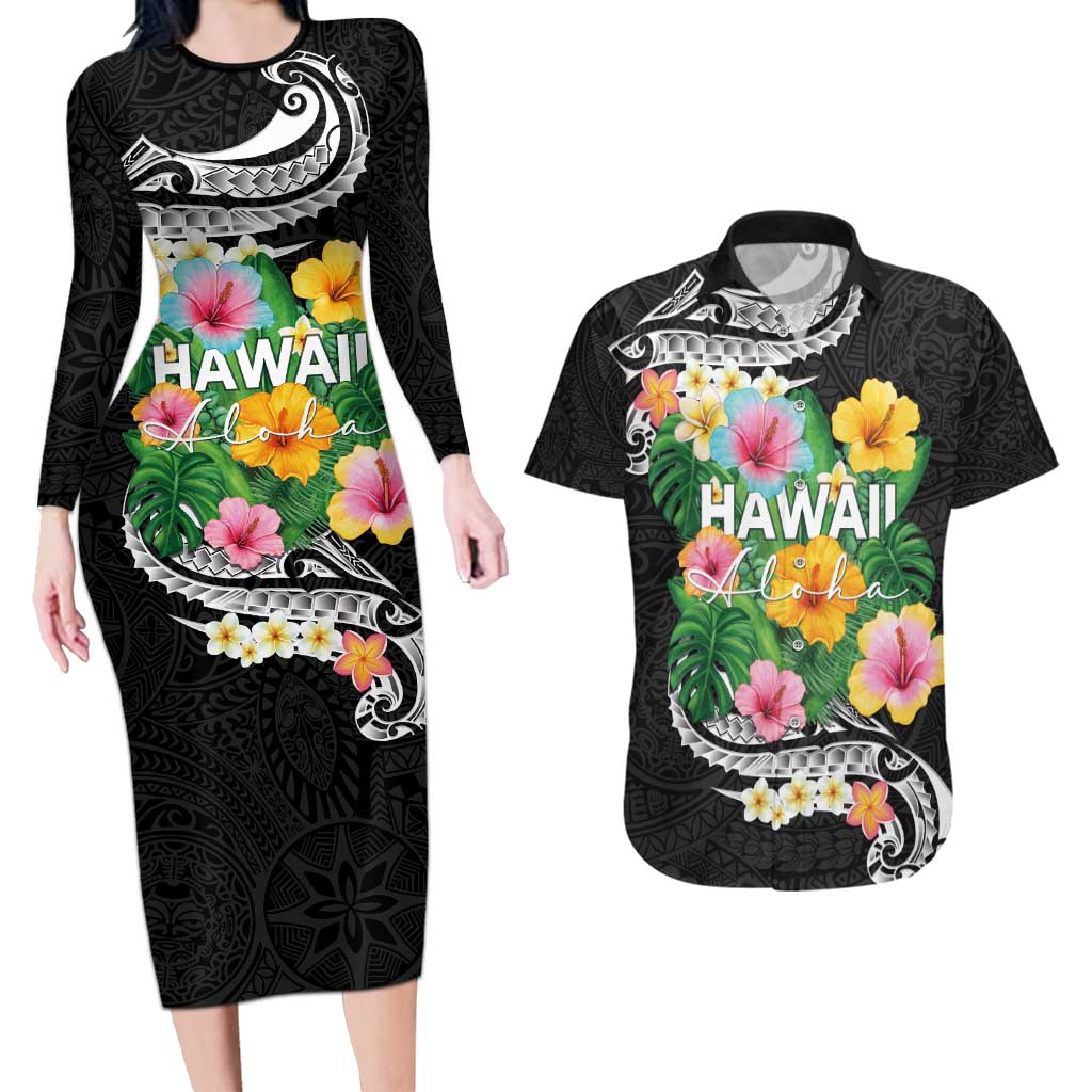 Hawaii Aloha Tropical Leaves and Flower Couples Matching Long Sleeve Bodycon Dress and Hawaiian Shirt with Polynesian Art Tattoo Black Color LT03 Black - Polynesian Pride