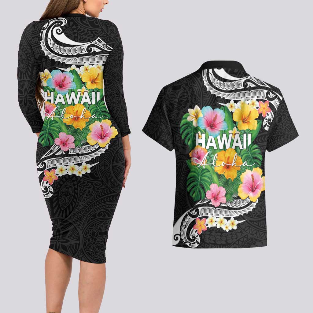 Hawaii Aloha Tropical Leaves and Flower Couples Matching Long Sleeve Bodycon Dress and Hawaiian Shirt with Polynesian Art Tattoo Black Color LT03 - Polynesian Pride
