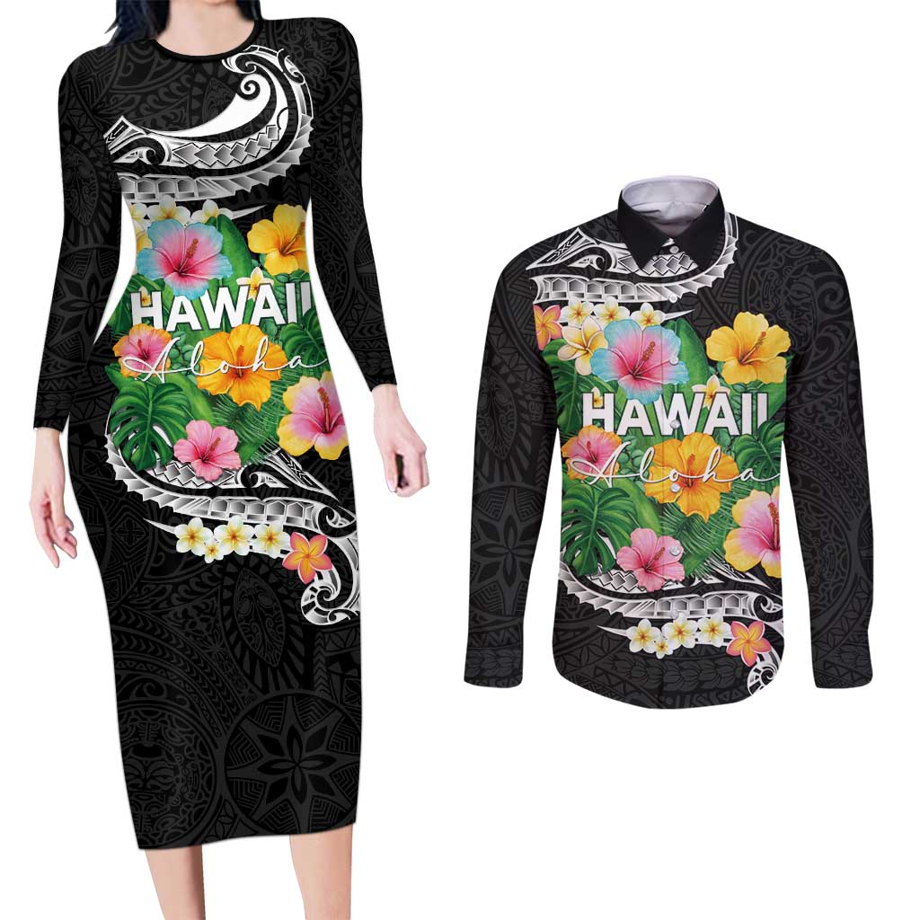 Hawaii Aloha Tropical Leaves and Flower Couples Matching Long Sleeve Bodycon Dress and Long Sleeve Button Shirt with Polynesian Art Tattoo Black Color LT03 Black - Polynesian Pride