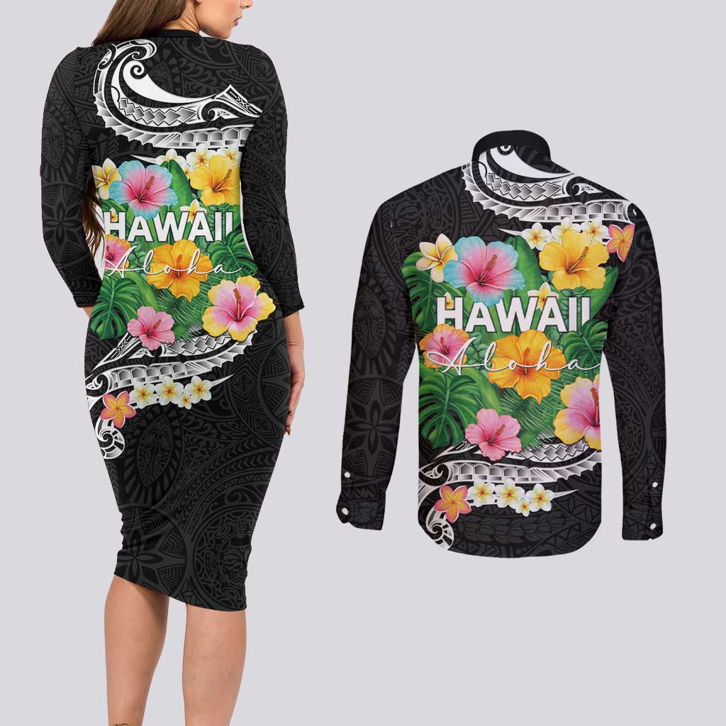Hawaii Aloha Tropical Leaves and Flower Couples Matching Long Sleeve Bodycon Dress and Long Sleeve Button Shirt with Polynesian Art Tattoo Black Color LT03 - Polynesian Pride