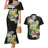 Hawaii Aloha Tropical Leaves and Flower Couples Matching Mermaid Dress and Hawaiian Shirt with Polynesian Art Tattoo Black Color LT03 Black - Polynesian Pride