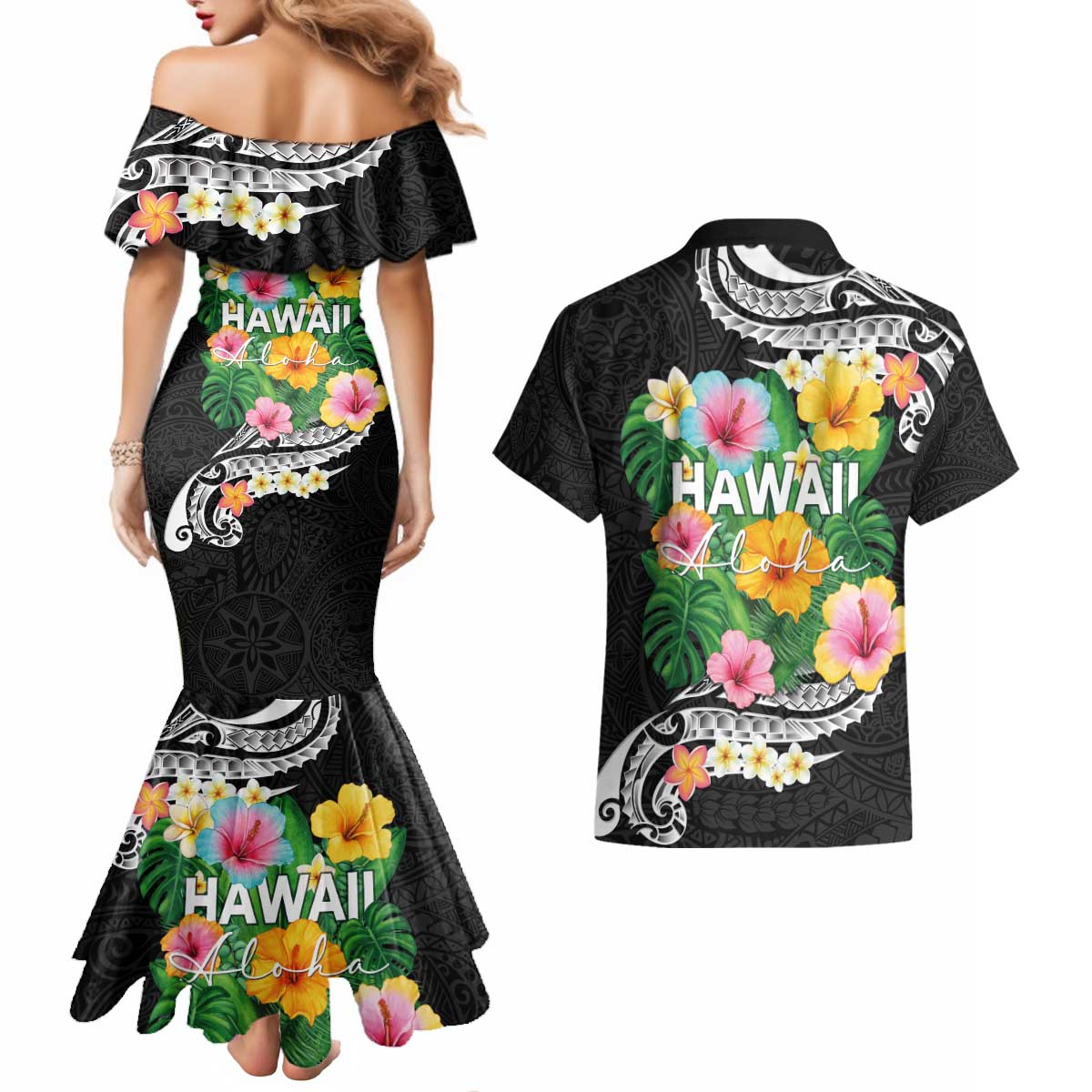 Hawaii Aloha Tropical Leaves and Flower Couples Matching Mermaid Dress and Hawaiian Shirt with Polynesian Art Tattoo Black Color LT03 - Polynesian Pride