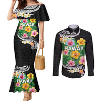 Hawaii Aloha Tropical Leaves and Flower Couples Matching Mermaid Dress and Long Sleeve Button Shirt with Polynesian Art Tattoo Black Color LT03 Black - Polynesian Pride