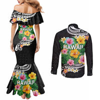 Hawaii Aloha Tropical Leaves and Flower Couples Matching Mermaid Dress and Long Sleeve Button Shirt with Polynesian Art Tattoo Black Color LT03 - Polynesian Pride