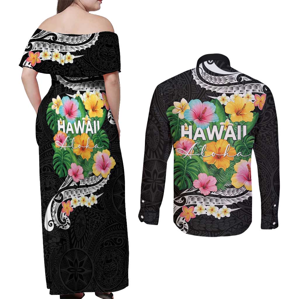 Hawaii Aloha Tropical Leaves and Flower Couples Matching Off Shoulder Maxi Dress and Long Sleeve Button Shirt with Polynesian Art Tattoo Black Color LT03 - Polynesian Pride