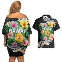 Hawaii Aloha Tropical Leaves and Flower Couples Matching Off Shoulder Short Dress and Hawaiian Shirt with Polynesian Art Tattoo Black Color LT03 - Polynesian Pride