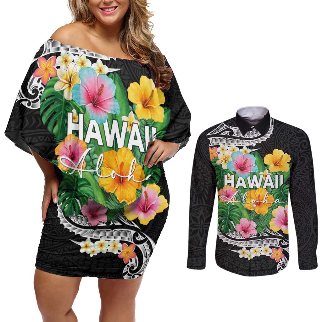 Hawaii Aloha Tropical Leaves and Flower Couples Matching Off Shoulder Short Dress and Long Sleeve Button Shirt with Polynesian Art Tattoo Black Color LT03 Black - Polynesian Pride