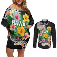 Hawaii Aloha Tropical Leaves and Flower Couples Matching Off Shoulder Short Dress and Long Sleeve Button Shirt with Polynesian Art Tattoo Black Color LT03 Black - Polynesian Pride