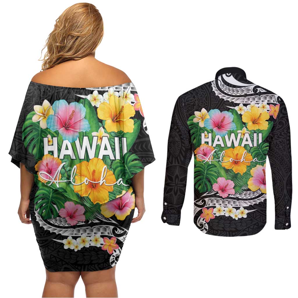 Hawaii Aloha Tropical Leaves and Flower Couples Matching Off Shoulder Short Dress and Long Sleeve Button Shirt with Polynesian Art Tattoo Black Color LT03 - Polynesian Pride