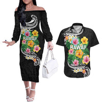 Hawaii Aloha Tropical Leaves and Flower Couples Matching Off The Shoulder Long Sleeve Dress and Hawaiian Shirt with Polynesian Art Tattoo Black Color LT03 Black - Polynesian Pride