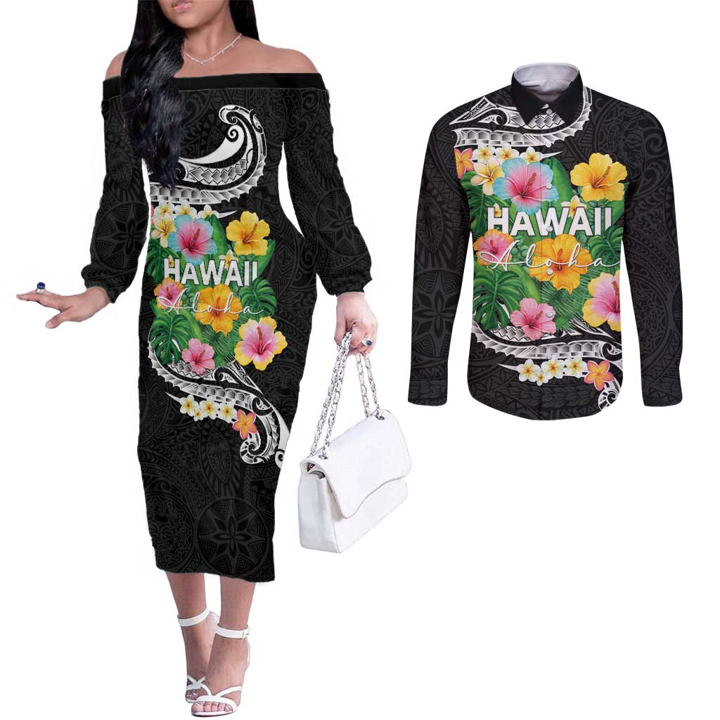 Hawaii Aloha Tropical Leaves and Flower Couples Matching Off The Shoulder Long Sleeve Dress and Long Sleeve Button Shirt with Polynesian Art Tattoo Black Color LT03 Black - Polynesian Pride