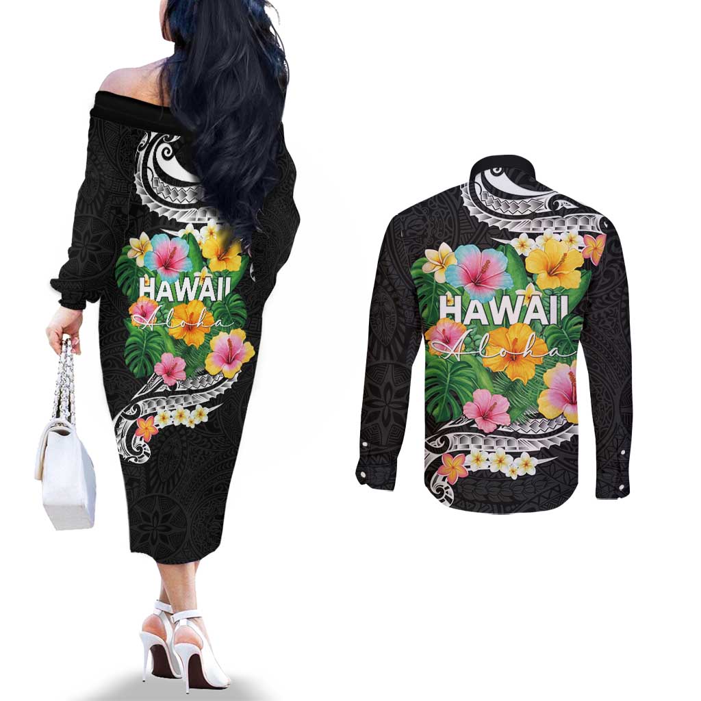 Hawaii Aloha Tropical Leaves and Flower Couples Matching Off The Shoulder Long Sleeve Dress and Long Sleeve Button Shirt with Polynesian Art Tattoo Black Color LT03 - Polynesian Pride