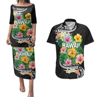 Hawaii Aloha Tropical Leaves and Flower Couples Matching Puletasi and Hawaiian Shirt with Polynesian Art Tattoo Black Color - Polynesian Pride
