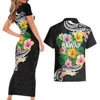 Hawaii Aloha Tropical Leaves and Flower Couples Matching Short Sleeve Bodycon Dress and Hawaiian Shirt with Polynesian Art Tattoo Black Color LT03 - Polynesian Pride