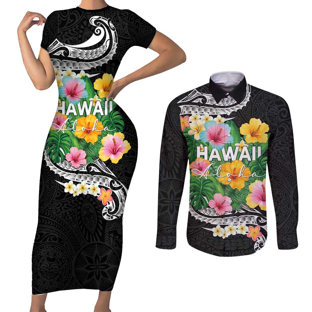 Hawaii Aloha Tropical Leaves and Flower Couples Matching Short Sleeve Bodycon Dress and Long Sleeve Button Shirt with Polynesian Art Tattoo Black Color LT03 Black - Polynesian Pride