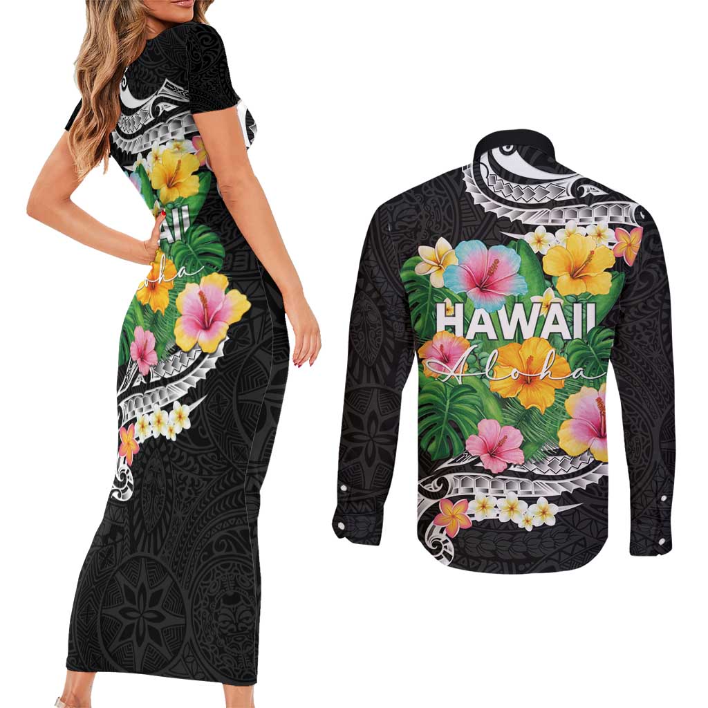 Hawaii Aloha Tropical Leaves and Flower Couples Matching Short Sleeve Bodycon Dress and Long Sleeve Button Shirt with Polynesian Art Tattoo Black Color LT03 - Polynesian Pride