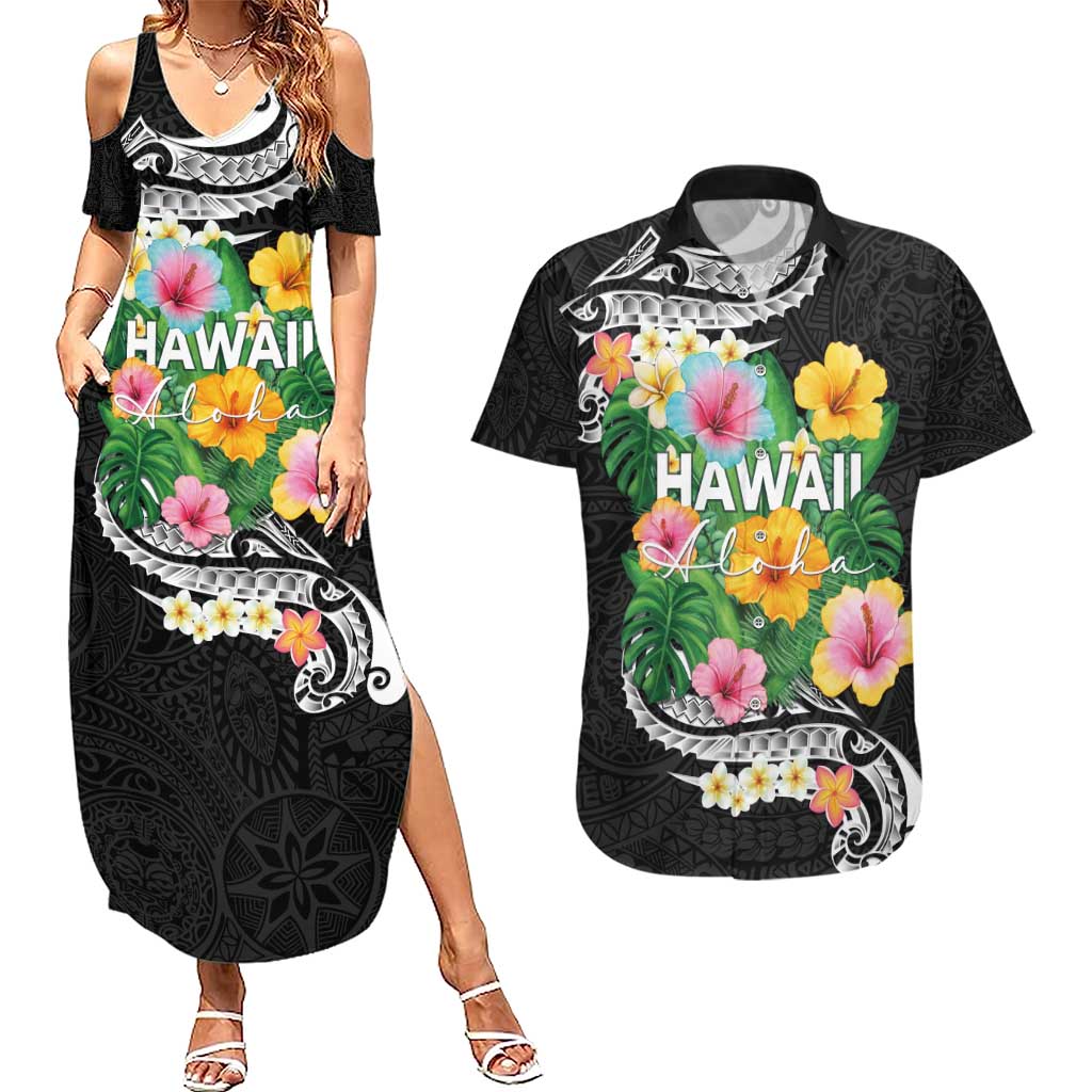 Hawaii Aloha Tropical Leaves and Flower Couples Matching Summer Maxi Dress and Hawaiian Shirt with Polynesian Art Tattoo Black Color LT03 Black - Polynesian Pride
