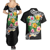 Hawaii Aloha Tropical Leaves and Flower Couples Matching Summer Maxi Dress and Hawaiian Shirt with Polynesian Art Tattoo Black Color LT03 - Polynesian Pride