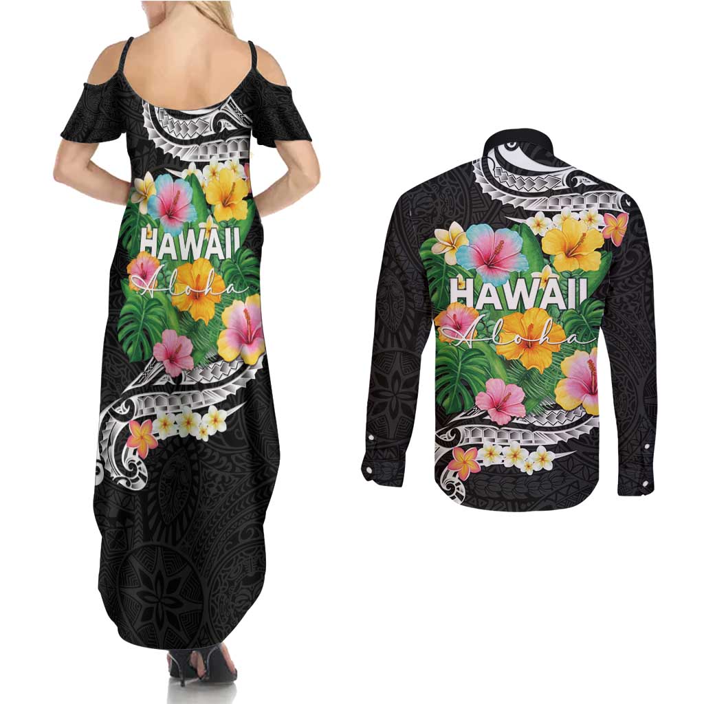 Hawaii Aloha Tropical Leaves and Flower Couples Matching Summer Maxi Dress and Long Sleeve Button Shirt with Polynesian Art Tattoo Black Color LT03 - Polynesian Pride
