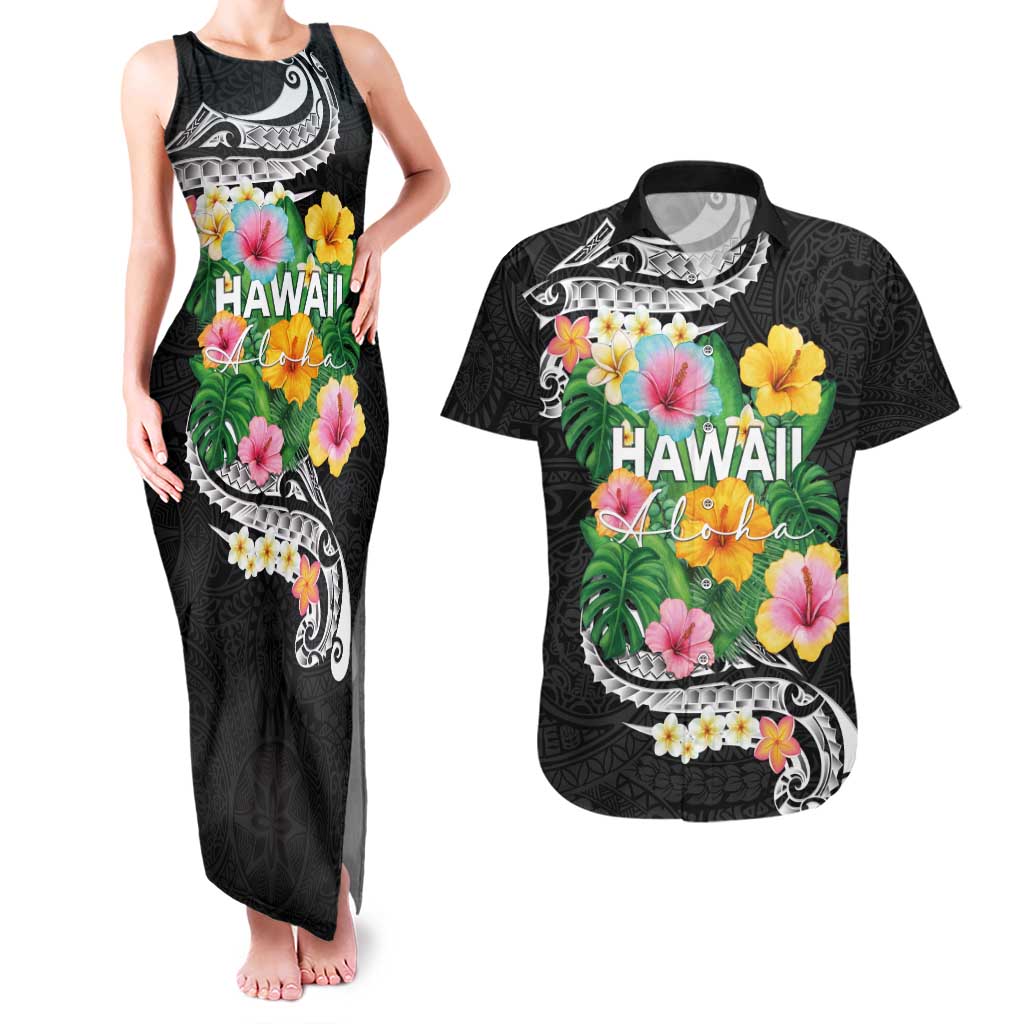 Hawaii Aloha Tropical Leaves and Flower Couples Matching Tank Maxi Dress and Hawaiian Shirt with Polynesian Art Tattoo Black Color LT03 Black - Polynesian Pride