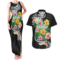 Hawaii Aloha Tropical Leaves and Flower Couples Matching Tank Maxi Dress and Hawaiian Shirt with Polynesian Art Tattoo Black Color LT03 Black - Polynesian Pride