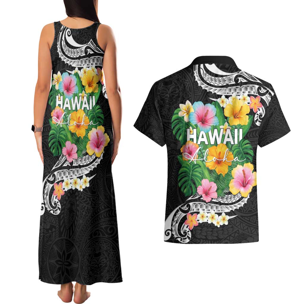 Hawaii Aloha Tropical Leaves and Flower Couples Matching Tank Maxi Dress and Hawaiian Shirt with Polynesian Art Tattoo Black Color LT03 - Polynesian Pride