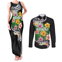 Hawaii Aloha Tropical Leaves and Flower Couples Matching Tank Maxi Dress and Long Sleeve Button Shirt with Polynesian Art Tattoo Black Color LT03 Black - Polynesian Pride
