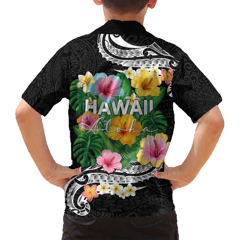 Hawaii Aloha Tropical Leaves and Flower Family Matching Long Sleeve Bodycon Dress and Hawaiian Shirt with Polynesian Art Tattoo Black Color LT03 - Polynesian Pride