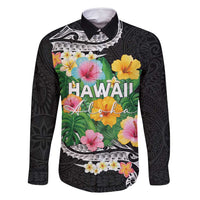 Hawaii Aloha Tropical Leaves and Flower Family Matching Mermaid Dress and Hawaiian Shirt with Polynesian Art Tattoo Black Color LT03 Dad's Shirt - Long Sleeve Black - Polynesian Pride