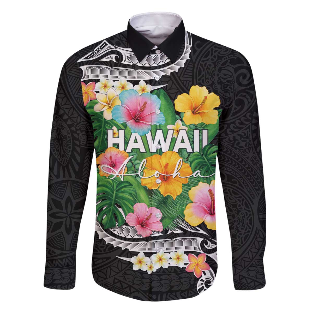 Hawaii Aloha Tropical Leaves and Flower Family Matching Off The Shoulder Long Sleeve Dress and Hawaiian Shirt with Polynesian Art Tattoo Black Color LT03 Dad's Shirt - Long Sleeve Black - Polynesian Pride