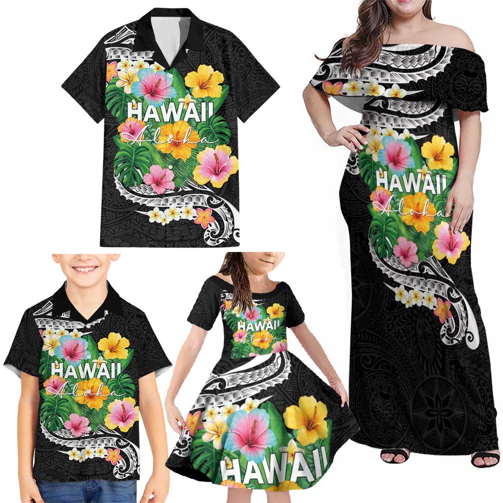 Hawaii Aloha Tropical Leaves and Flower Family Matching Off Shoulder Maxi Dress and Hawaiian Shirt with Polynesian Art Tattoo Black Color LT03 - Polynesian Pride