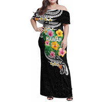 Hawaii Aloha Tropical Leaves and Flower Family Matching Off Shoulder Maxi Dress and Hawaiian Shirt with Polynesian Art Tattoo Black Color LT03 Mom's Dress Black - Polynesian Pride