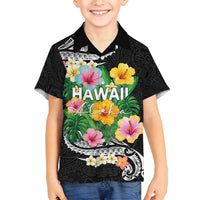 Hawaii Aloha Tropical Leaves and Flower Family Matching Off Shoulder Maxi Dress and Hawaiian Shirt with Polynesian Art Tattoo Black Color LT03 Son's Shirt Black - Polynesian Pride