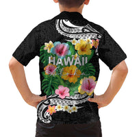 Hawaii Aloha Tropical Leaves and Flower Family Matching Off Shoulder Short Dress and Hawaiian Shirt with Polynesian Art Tattoo Black Color LT03 - Polynesian Pride