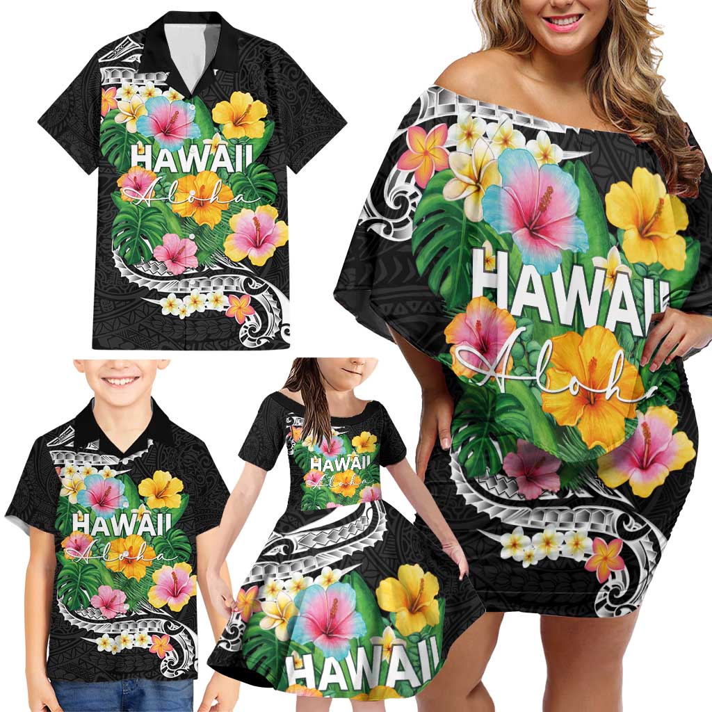 Hawaii Aloha Tropical Leaves and Flower Family Matching Off Shoulder Short Dress and Hawaiian Shirt with Polynesian Art Tattoo Black Color LT03 - Polynesian Pride