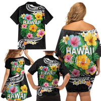 Hawaii Aloha Tropical Leaves and Flower Family Matching Off Shoulder Short Dress and Hawaiian Shirt with Polynesian Art Tattoo Black Color LT03 - Polynesian Pride
