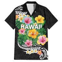Hawaii Aloha Tropical Leaves and Flower Family Matching Off Shoulder Short Dress and Hawaiian Shirt with Polynesian Art Tattoo Black Color LT03 Dad's Shirt - Short Sleeve Black - Polynesian Pride