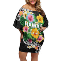 Hawaii Aloha Tropical Leaves and Flower Family Matching Off Shoulder Short Dress and Hawaiian Shirt with Polynesian Art Tattoo Black Color LT03 Mom's Dress Black - Polynesian Pride