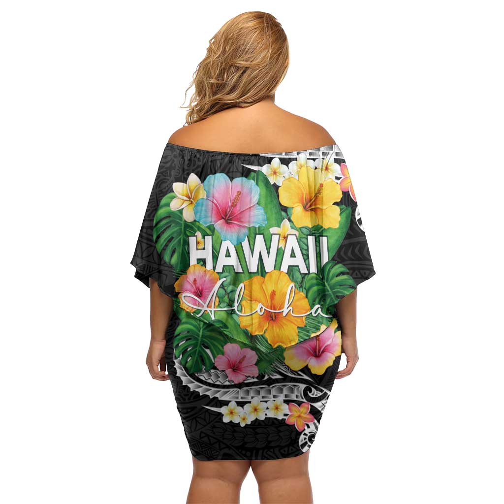 Hawaii Aloha Tropical Leaves and Flower Family Matching Off Shoulder Short Dress and Hawaiian Shirt with Polynesian Art Tattoo Black Color LT03 - Polynesian Pride