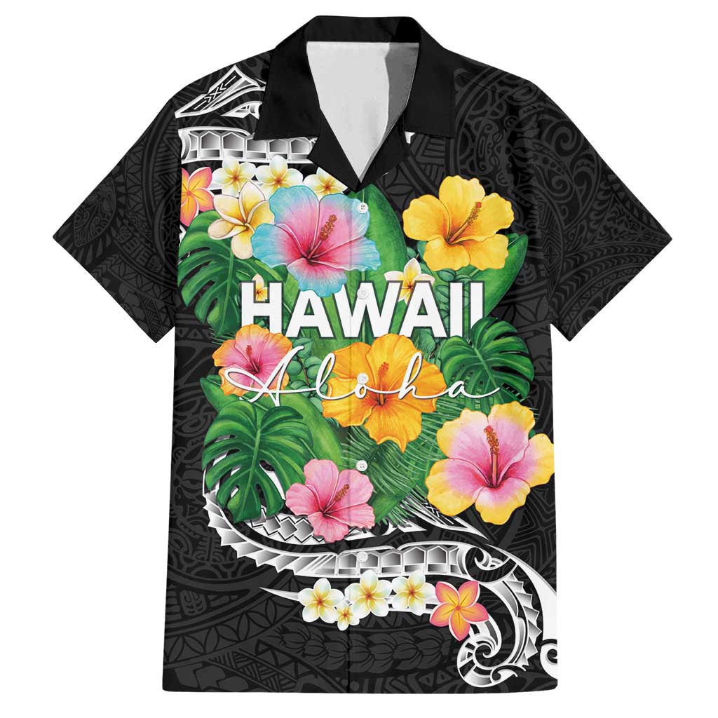 Hawaii Aloha Tropical Leaves and Flower Family Matching Puletasi and Hawaiian Shirt with Polynesian Art Tattoo Black Color - Polynesian Pride