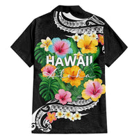Hawaii Aloha Tropical Leaves and Flower Family Matching Puletasi and Hawaiian Shirt with Polynesian Art Tattoo Black Color - Polynesian Pride
