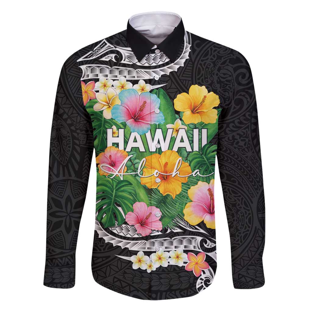 Hawaii Aloha Tropical Leaves and Flower Family Matching Puletasi and Hawaiian Shirt with Polynesian Art Tattoo Black Color - Polynesian Pride