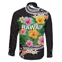 Hawaii Aloha Tropical Leaves and Flower Family Matching Puletasi and Hawaiian Shirt with Polynesian Art Tattoo Black Color - Polynesian Pride