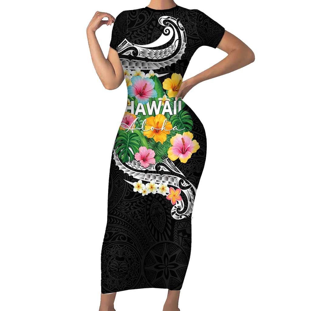 Hawaii Aloha Tropical Leaves and Flower Family Matching Short Sleeve Bodycon Dress and Hawaiian Shirt with Polynesian Art Tattoo Black Color LT03 Mom's Dress Black - Polynesian Pride