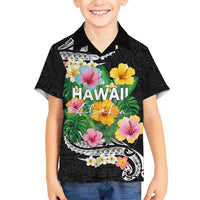 Hawaii Aloha Tropical Leaves and Flower Family Matching Short Sleeve Bodycon Dress and Hawaiian Shirt with Polynesian Art Tattoo Black Color LT03 Son's Shirt Black - Polynesian Pride