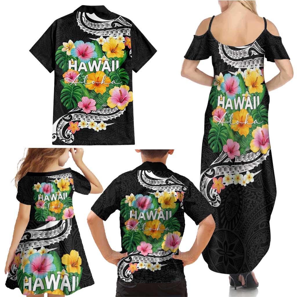 Hawaii Aloha Tropical Leaves and Flower Family Matching Summer Maxi Dress and Hawaiian Shirt with Polynesian Art Tattoo Black Color LT03 - Polynesian Pride